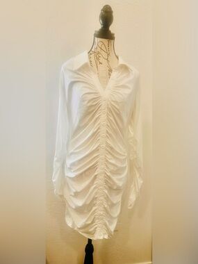 White Ruched Button-Front Shirt Dress